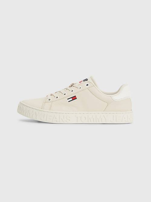 Tommy Hilfiger Logo Bőr Cupsole Tornacipő Női Bézs | TH194QFD