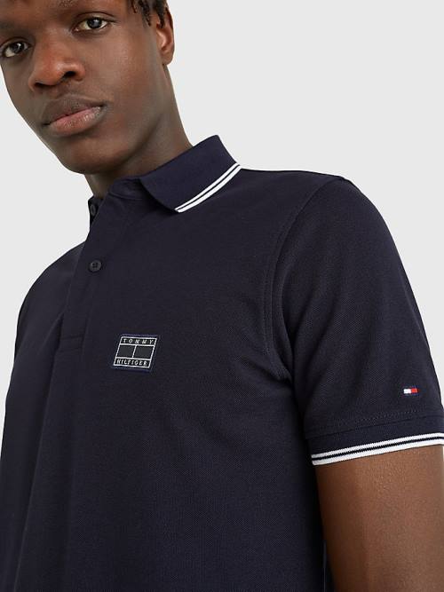 Tommy Hilfiger Logo Contrast Tipped Slim Póló Férfi Kék | TH548GMQ