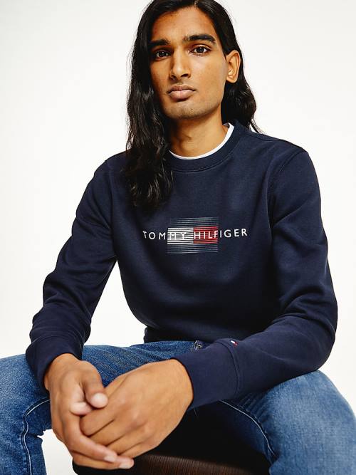 Tommy Hilfiger Logo Crew Neck Pulóver Férfi Kék | TH913YEZ