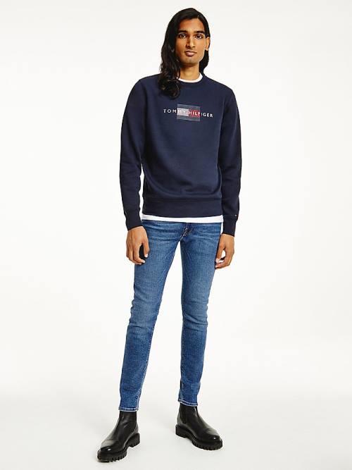 Tommy Hilfiger Logo Crew Neck Pulóver Férfi Kék | TH913YEZ