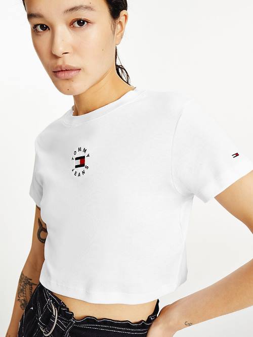 Tommy Hilfiger Logo Embroidery Cropped Póló Női Fehér | TH179OGK