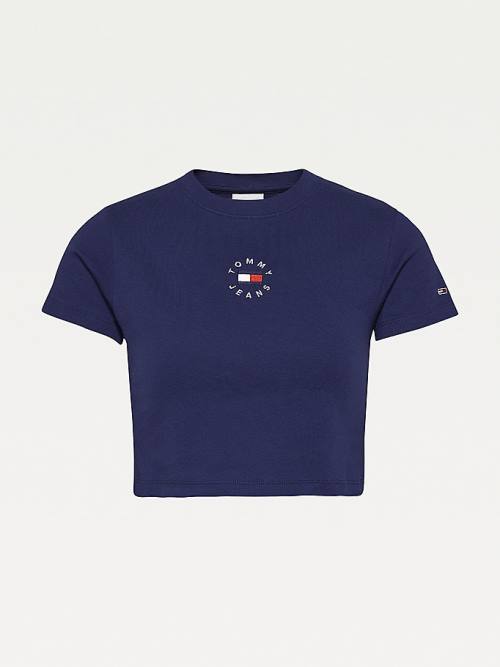 Tommy Hilfiger Logo Embroidery Cropped Póló Női Kék | TH517TEP