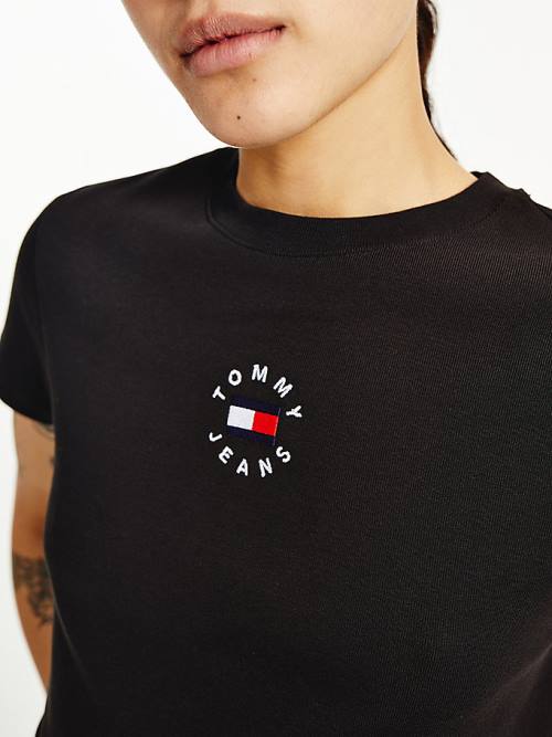 Tommy Hilfiger Logo Embroidery Cropped Póló Női Fekete | TH872INO