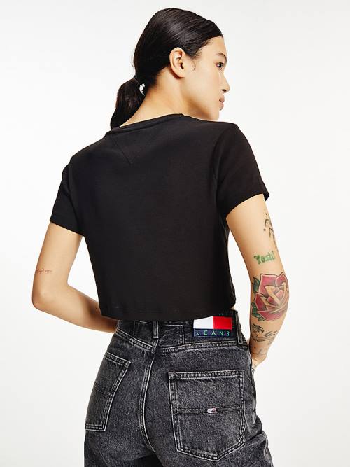 Tommy Hilfiger Logo Embroidery Cropped Póló Női Fekete | TH872INO