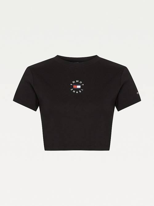 Tommy Hilfiger Logo Embroidery Cropped Póló Női Fekete | TH872INO