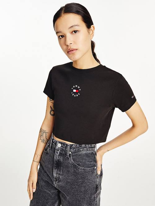 Tommy Hilfiger Logo Embroidery Cropped Póló Női Fekete | TH872INO