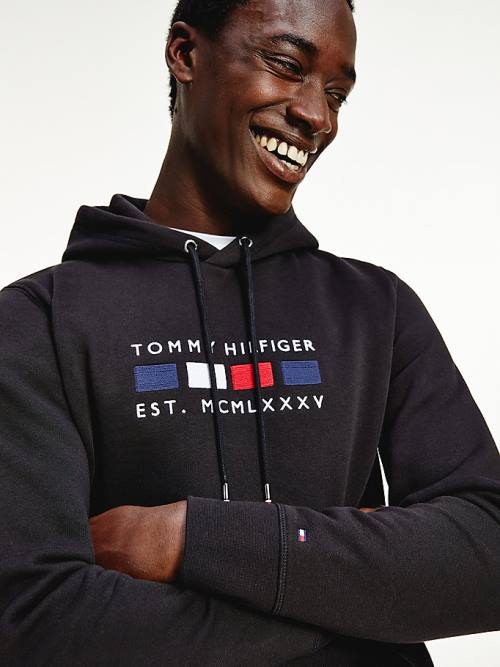 Tommy Hilfiger Logo Embroidery Fleece Kapucnis Pulóver Férfi Fekete | TH268TNE