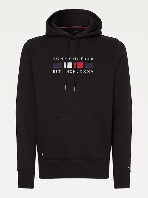 Tommy Hilfiger Logo Embroidery Fleece Kapucnis Pulóver Férfi Fekete | TH268TNE