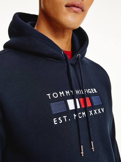 Tommy Hilfiger Logo Embroidery Fleece Kapucnis Pulóver Férfi Kék | TH427CIO