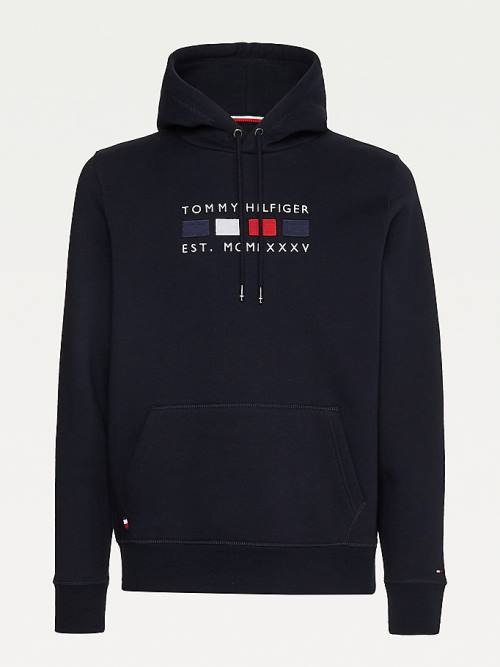 Tommy Hilfiger Logo Embroidery Fleece Kapucnis Pulóver Férfi Kék | TH427CIO