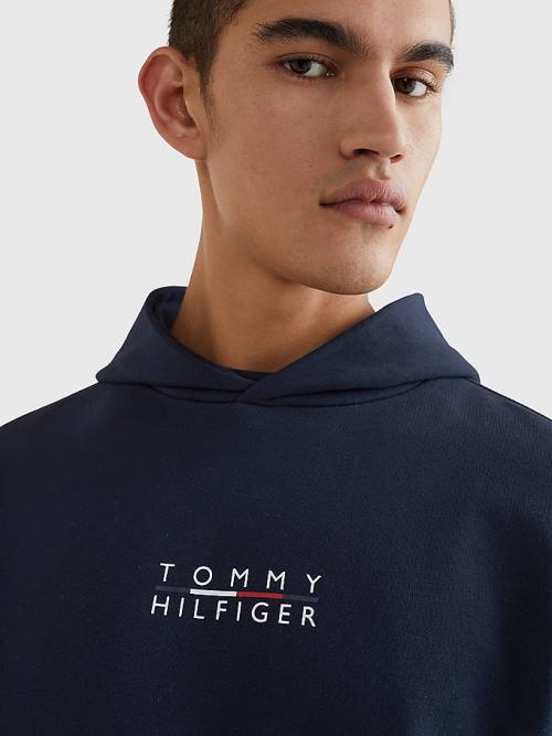 Tommy Hilfiger Logo Embroidery Kapucnis Pulóver Férfi Kék | TH406TQY