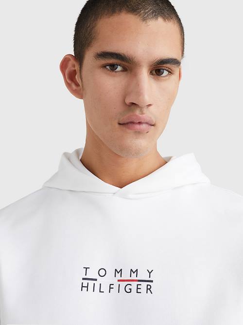 Tommy Hilfiger Logo Embroidery Kapucnis Pulóver Férfi Fehér | TH594QZB