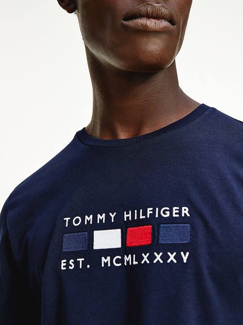 Tommy Hilfiger Logo Embroidery Long Sleeve Póló Férfi Kék | TH186QRN