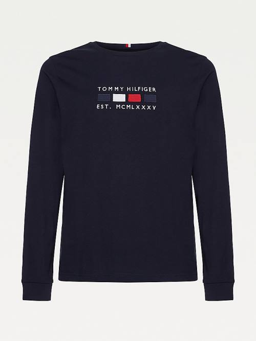 Tommy Hilfiger Logo Embroidery Long Sleeve Póló Férfi Kék | TH186QRN