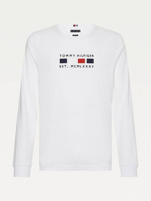 Tommy Hilfiger Logo Embroidery Long Sleeve Póló Férfi Fehér | TH790WID