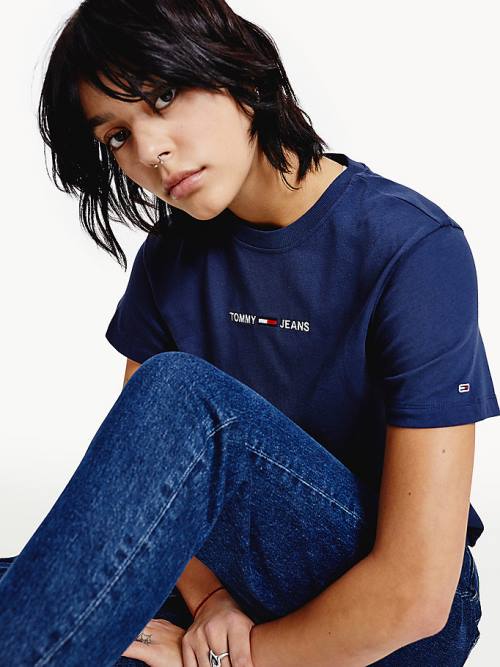 Tommy Hilfiger Logo Embroidery Organic Pamut Póló Női Kék | TH395MFQ