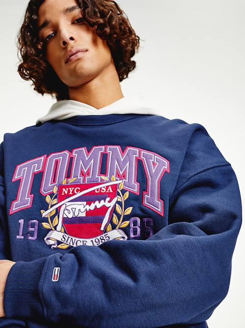 Tommy Hilfiger Logo Fleece Pulóver Férfi Kék | TH360FOH