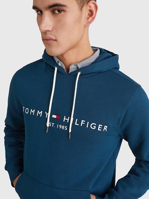 Tommy Hilfiger Logo Kapucnis Pulóver Férfi Kék | TH569CRY