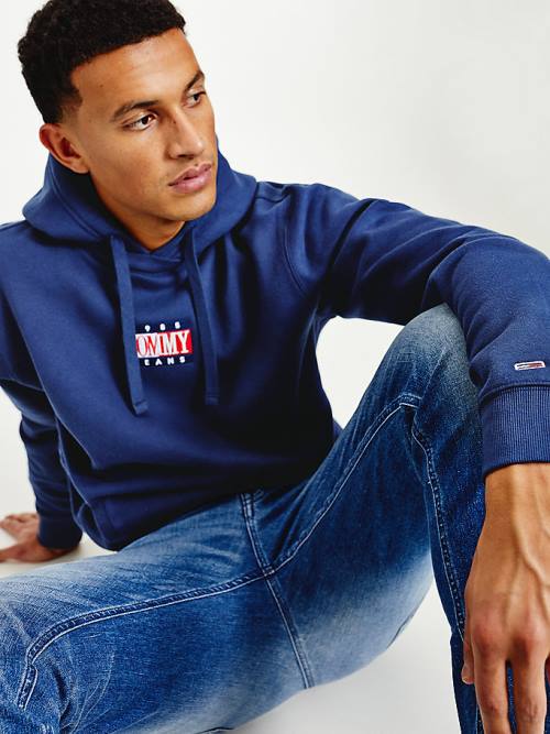 Tommy Hilfiger Logo Kapucnis Pulóver Férfi Kék | TH823MOQ