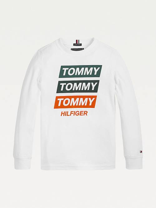 Tommy Hilfiger Logo Long Sleeve Organic Pamut Póló Fiú Fehér | TH673AWC