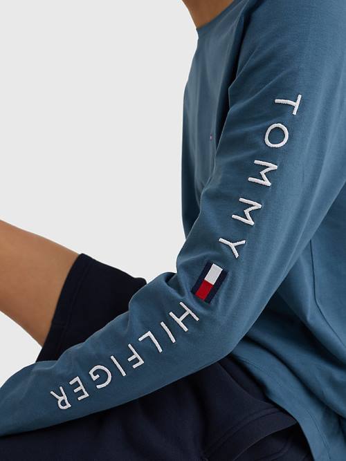 Tommy Hilfiger Logo Long Sleeve Póló Férfi Kék | TH245OIX