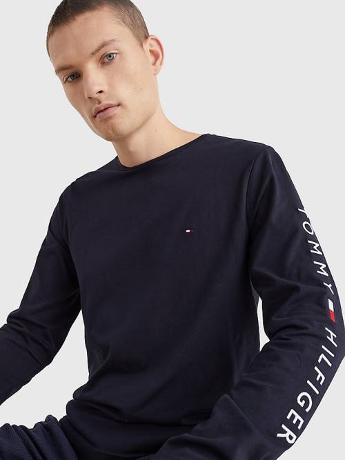 Tommy Hilfiger Logo Long Sleeve Póló Férfi Kék | TH964UGX