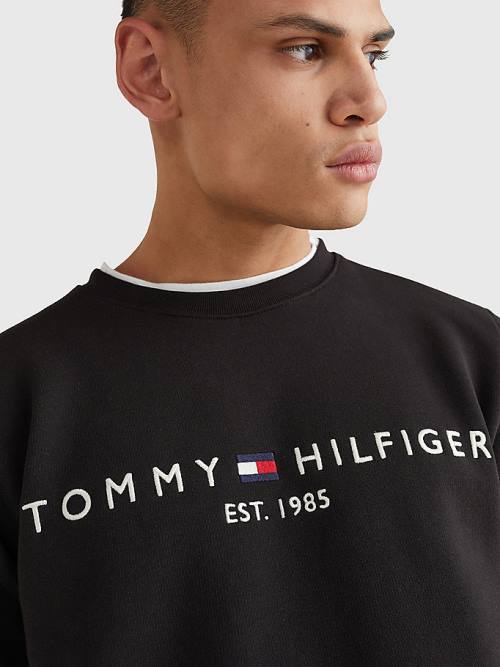 Tommy Hilfiger Logo Regular Fit Pulóver Férfi Fekete | TH463ANT