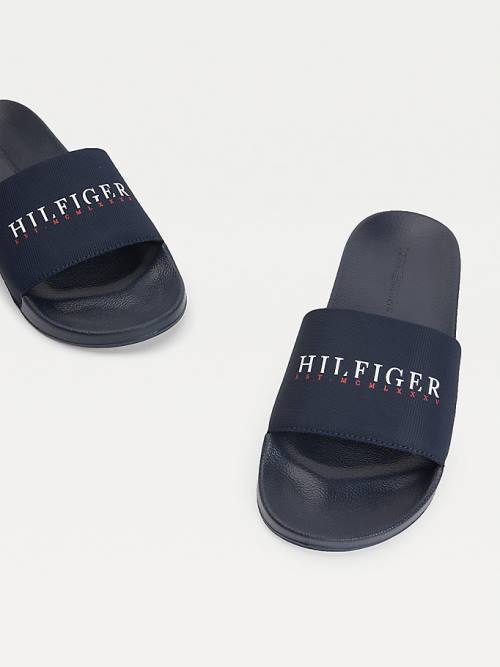 Tommy Hilfiger Logo Slides Szandál Férfi Kék | TH201KIX