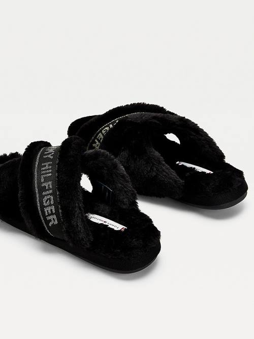 Tommy Hilfiger Logo Tape Faux Fur Papucs Női Fekete | TH452XZV