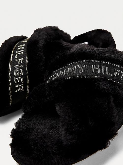 Tommy Hilfiger Logo Tape Faux Fur Papucs Női Fekete | TH452XZV