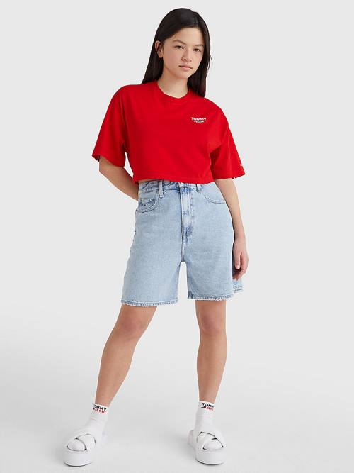 Tommy Hilfiger Logo Tape Oversized Cropped Póló Női Piros | TH870GDS