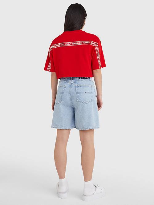 Tommy Hilfiger Logo Tape Oversized Cropped Póló Női Piros | TH870GDS