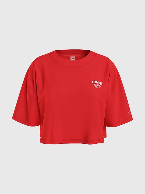 Tommy Hilfiger Logo Tape Oversized Cropped Póló Női Piros | TH870GDS