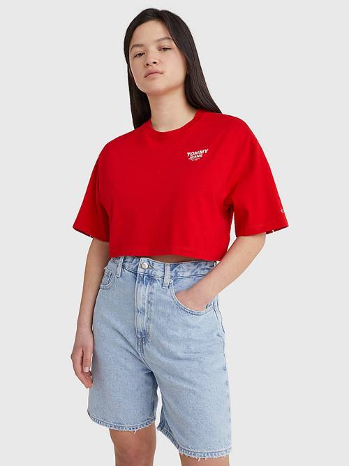 Tommy Hilfiger Logo Tape Oversized Cropped Póló Női Piros | TH870GDS