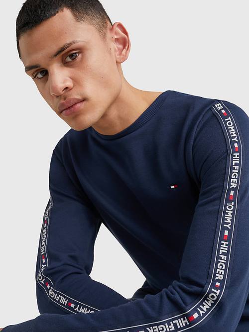 Tommy Hilfiger Logo Tape Sweatshirt Pizsama Férfi Kék | TH730NQO