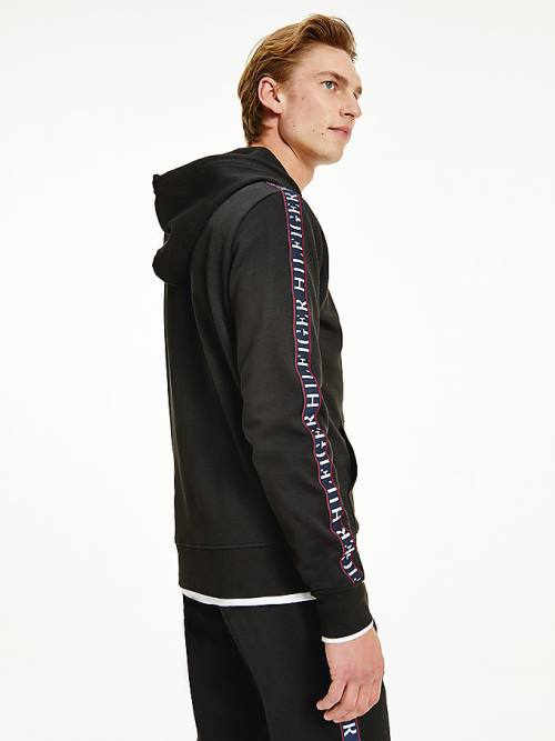 Tommy Hilfiger Logo Tape Zip-Thru Kapucnis Pulóver Férfi Fekete | TH278LIF