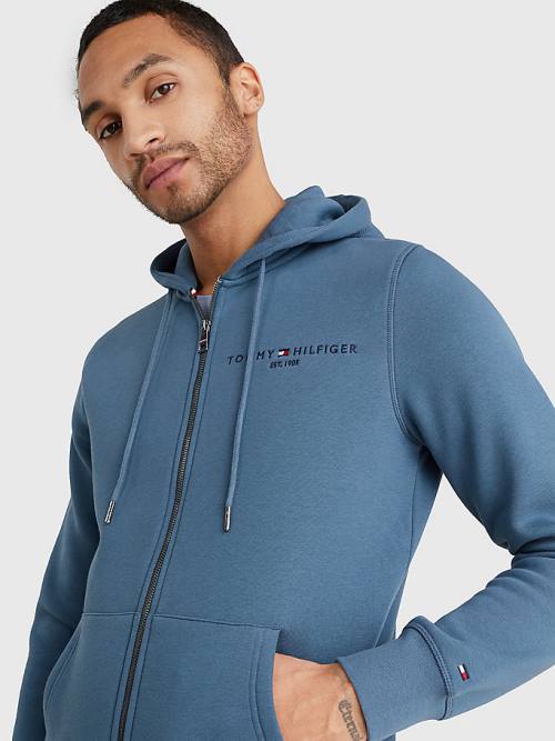 Tommy Hilfiger Logo Zip-Thru Kapucnis Pulóver Férfi Kék | TH593IXM