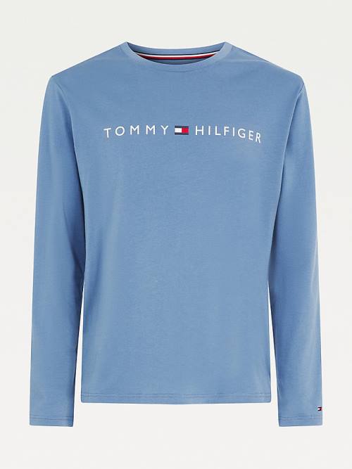 Tommy Hilfiger Long Sleeve Logo Pizsama Férfi Kék | TH410OKP