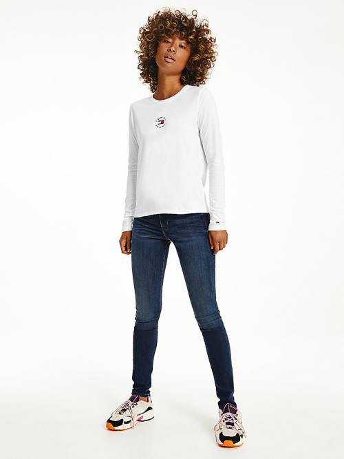 Tommy Hilfiger Long Sleeve Logo Slim Fit Póló Női Fehér | TH296CVB