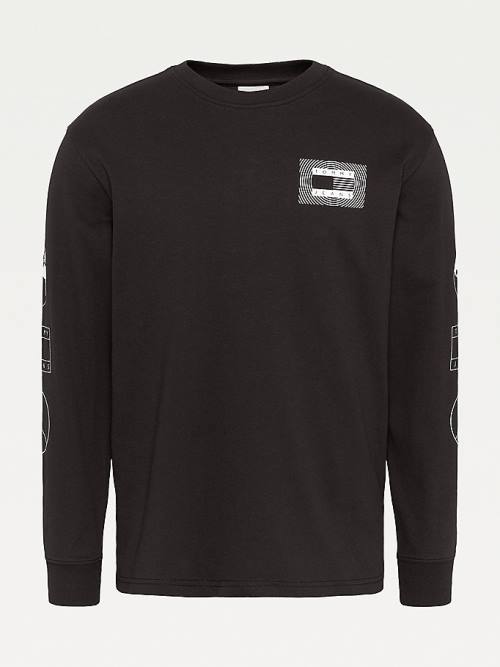 Tommy Hilfiger Long Sleeve Recycled Pamut Póló Férfi Fekete | TH495GED