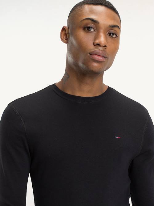 Tommy Hilfiger Long Sleeved Ribbed Organic Pamut Póló Férfi Fekete | TH279XRD