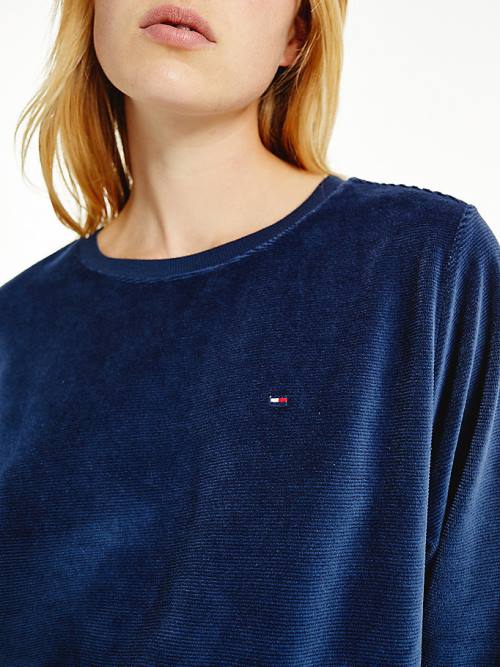 Tommy Hilfiger Lounge Logo Tape Velour Sweatshirt Póló Női Kék | TH910SBF