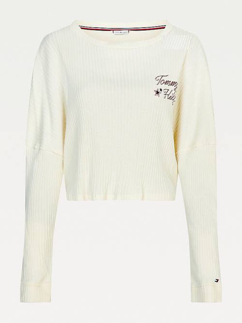 Tommy Hilfiger Lounge Rib-Knit Cropped Long Sleeve Pizsama Női Fehér | TH086VUQ