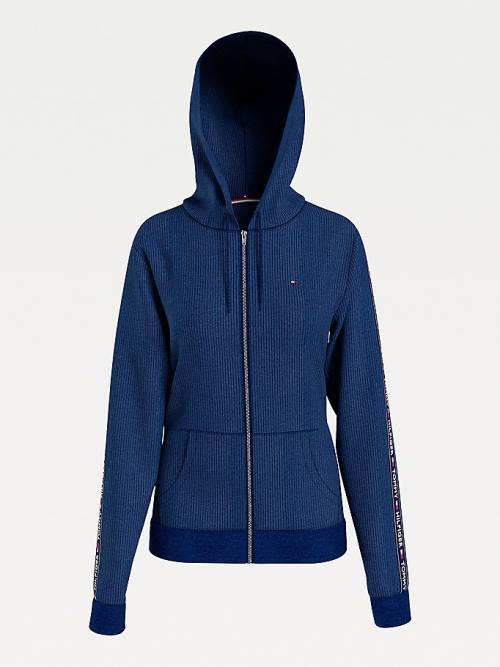 Tommy Hilfiger Lounge Rib-Knit Velour Kapucnis Pulóver Női Kék | TH327XAY