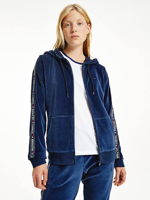 Tommy Hilfiger Lounge Rib-Knit Velour Kapucnis Pulóver Női Kék | TH327XAY