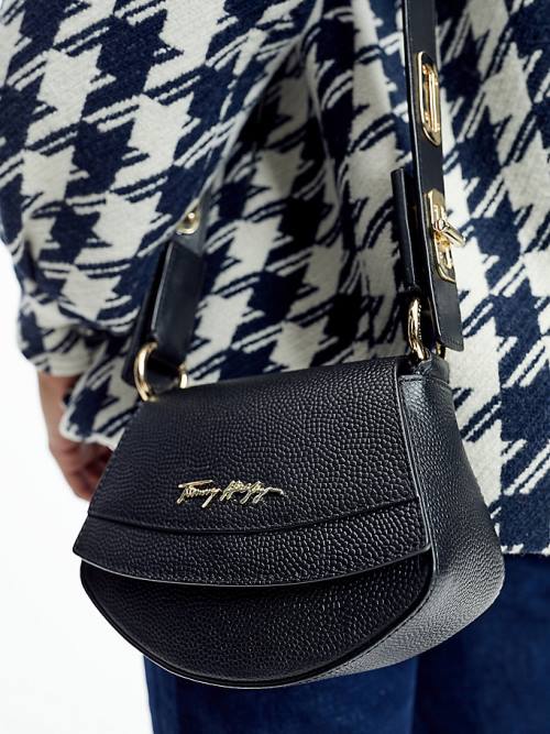 Tommy Hilfiger Luxe Bőr Turn Lock Pántos Crossover Táska Női Fekete | TH248GDK