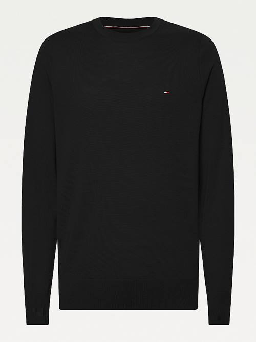 Tommy Hilfiger Merino Wool Crew Neck Jumper Pulóverek Férfi Fekete | TH481YPU