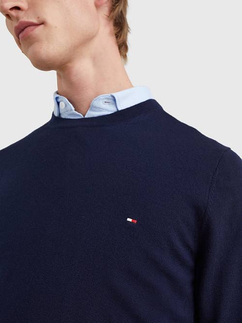 Tommy Hilfiger Merino Wool Crew Neck Jumper Pulóverek Férfi Kék | TH812NUM