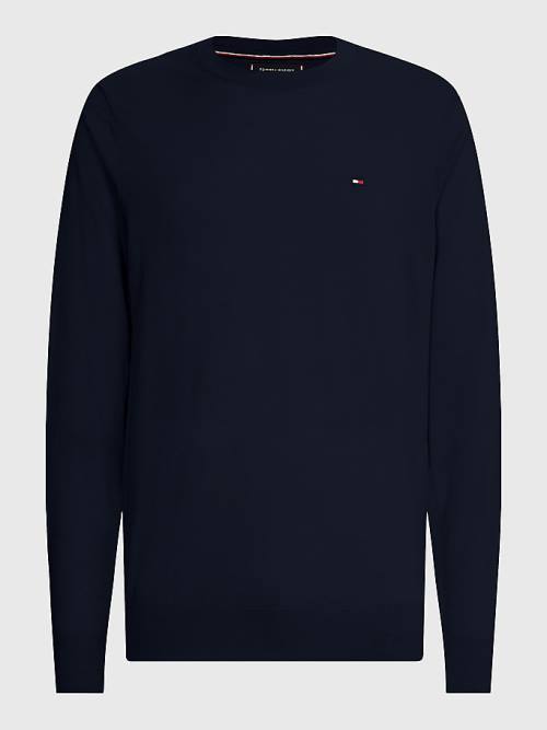 Tommy Hilfiger Merino Wool Crew Neck Jumper Pulóverek Férfi Kék | TH812NUM