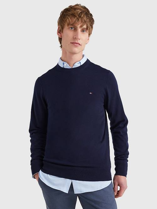 Tommy Hilfiger Merino Wool Crew Neck Jumper Pulóverek Férfi Kék | TH812NUM